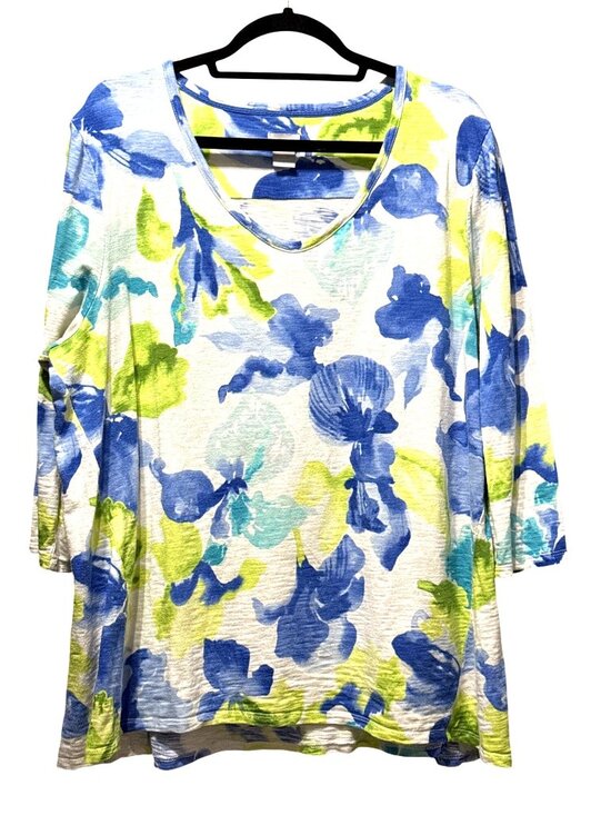 Chico's Tops - Chicos Size 4 XXL Floral Print 3/4 Sleeve Top Blue/Green Watercolor Design